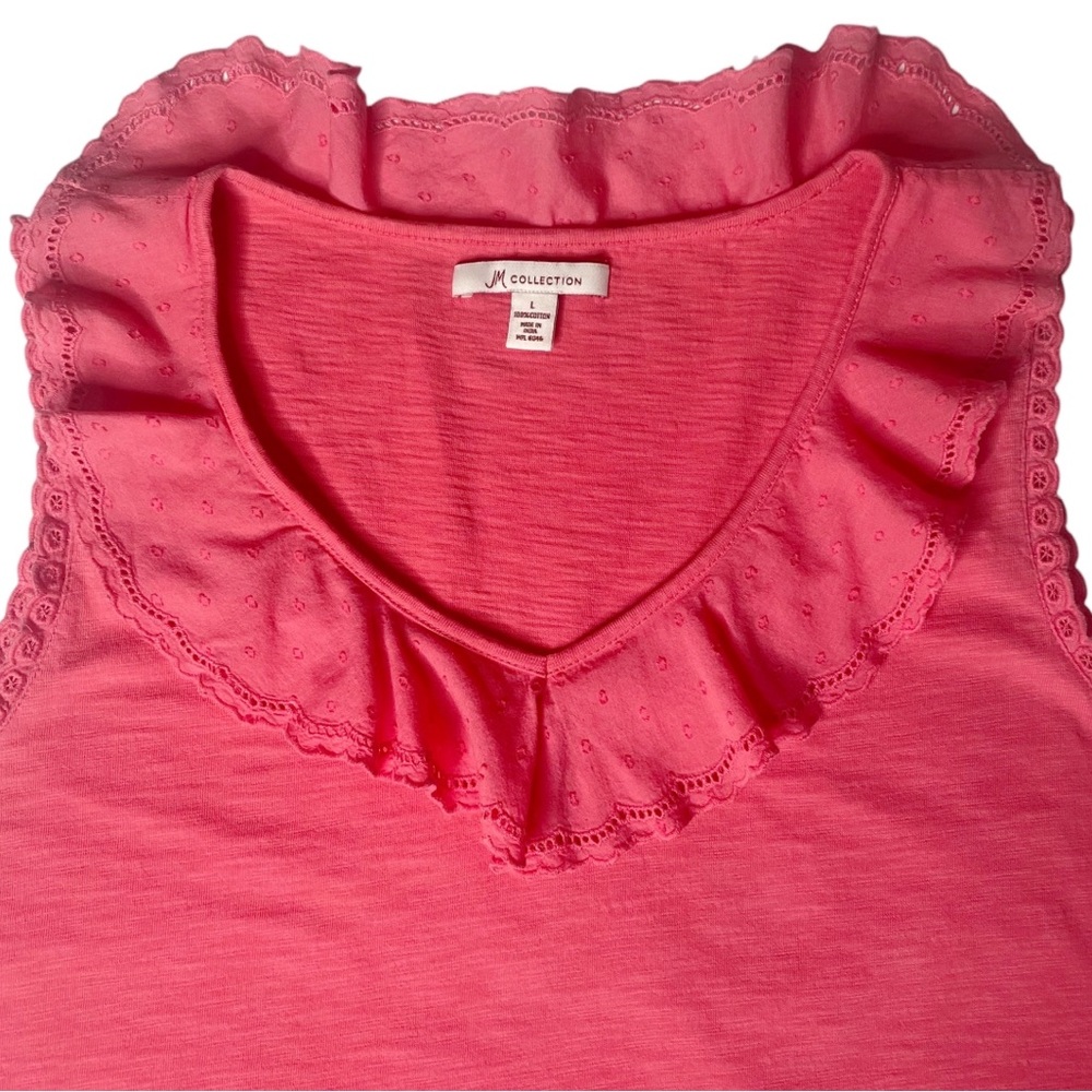 JM Collection Eyelet Ruffle V Neck Tank Top Peach Salmon Feminine T-Shirt Size L